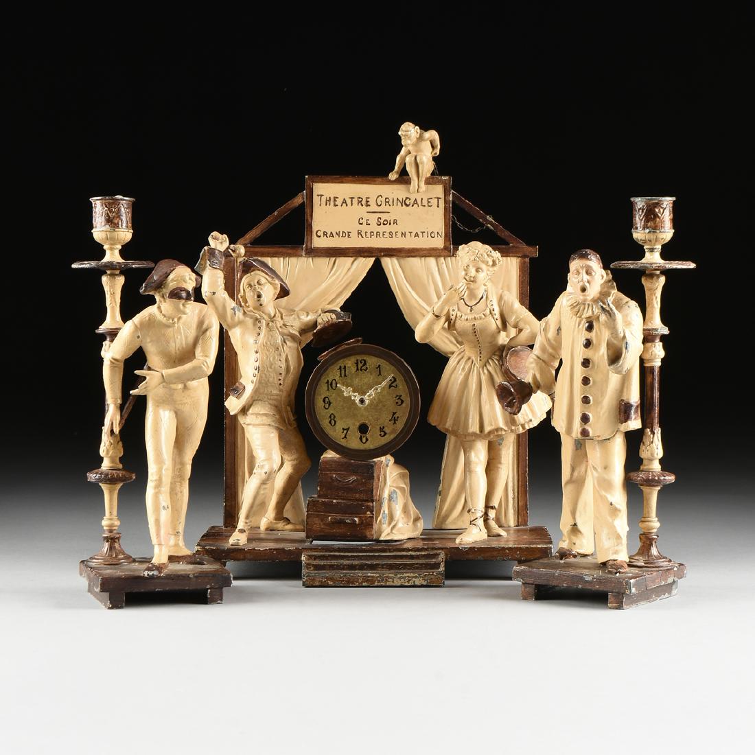 AN ENAMELED SPELTER THREE PIECE FIGURAL GARNITURE SET, (1 of 20)