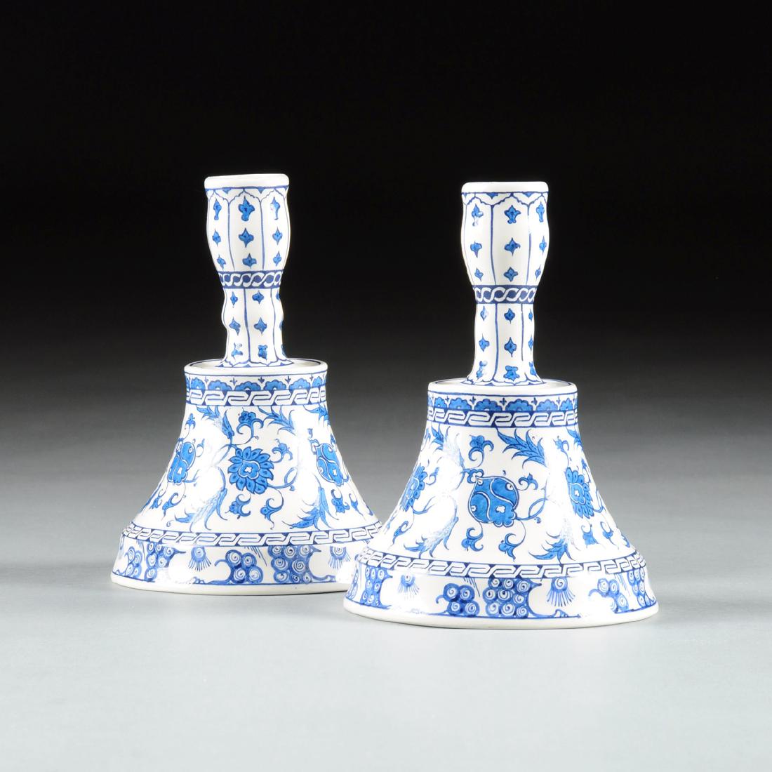 A PAIR OF IZNIK REVIVAL CERAMIC CANDLESTICKS BY ISMAIL (1 of 7)