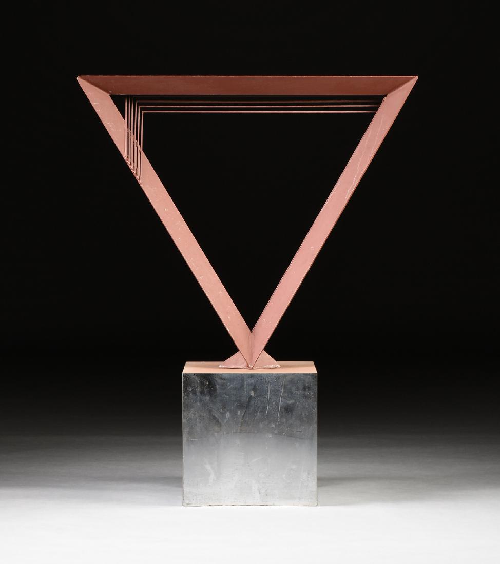 attributed CHARLES GINNEVER (American b. 1931) A: attributed CHARLES GINNEVER (American b. 1931) A PAINTED STEEL AND ROD SCULPTURE ON STAND, PUTNEY, VERMONT, CIRCA 1978-1980, of triangular form in brown/red painted angled steel with welded rods, moun