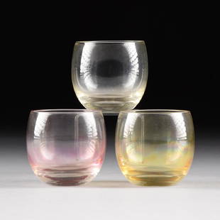 A SET OF THREE WEST VIRGINIA GLASS SPECIALTY COMPANY: A SET OF THREE WEST VIRGINIA GLASS SPECIALTY COMPANY LUSTER FINISH ROLY POLY GLASSES, WESTON, WEST VIRGINIA, CIRCA 1960, the rounded beverage glasses with luster colored body, one each in light