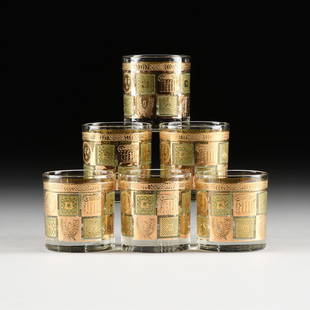 A SET OF SIX GEORGES BRIARD DOUBLE OLD FASHION GLASSES: A SET OF SIX GEORGES BRIARD DOUBLE OLD FASHION GLASSES IN THE "CELESTE" PATTERN, NEW YORK, NEW YORK, CIRCA 1960-1970, of clear glass with 22K gold and green screened squares with repeating celestial s