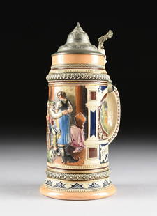 A GERMAN POLYCHROME DECORATED ONE LITER STEIN,: A GERMAN POLYCHROME DECORATED ONE LITER STEIN, IMPRESSED NUMBERS, 20TH CENTURY, of traditional form and sides centering molded circular reserves enclosing a rustic structure amidst a mountainous