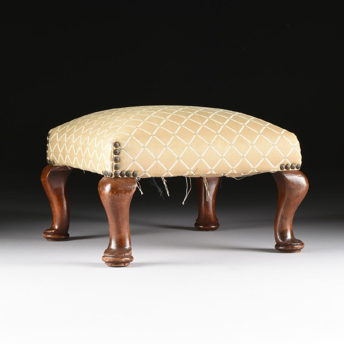 A QUEEN ANNE STYLE PADDED AND CARVED WALNUT FOOT STOOL, (1 of 4)