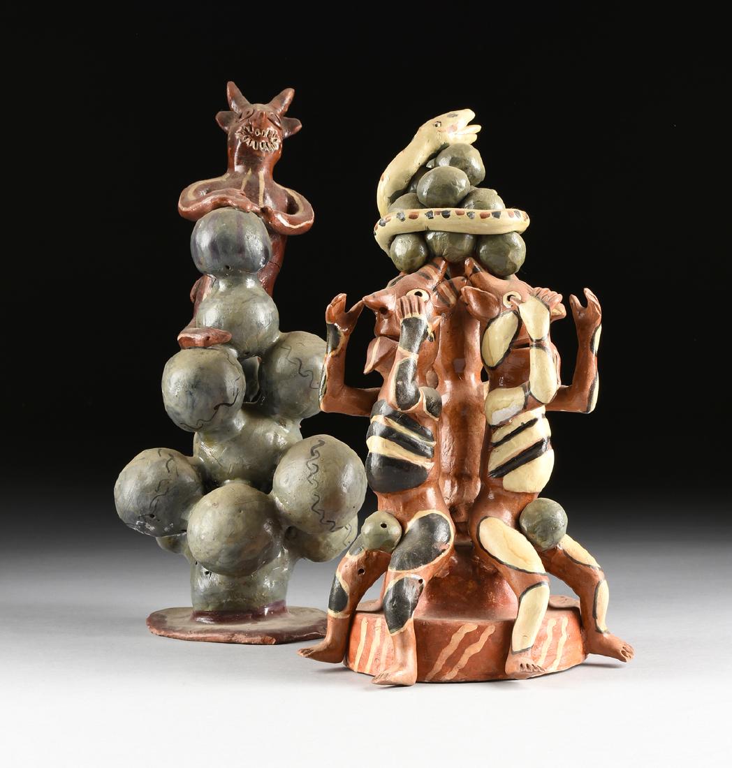 A GROUP OF TWO MEXICAN GLAZED TERRA COTTA FIGURAL FOLK (1 of 14)