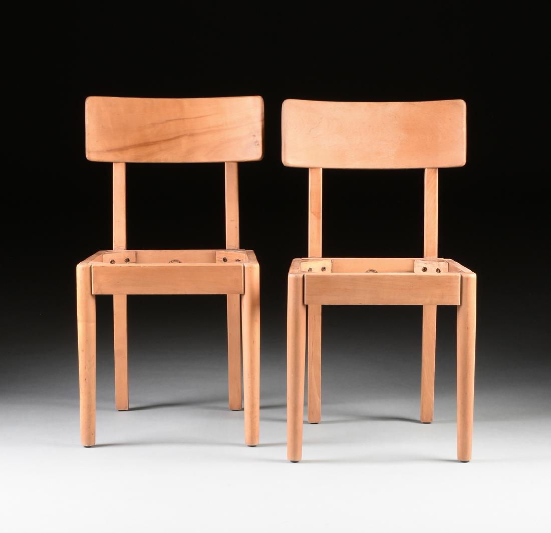 RUSSEL WRIGHT (American 1904-1976) A SET OF TWO: RUSSEL WRIGHT (American 1904-1976) A SET OF TWO "AMERICAN MODERN" MAPLE SIDE CHAIRS, FOR CONANT-BALL, GARDNER, MASSACHUSETTS, CIRCA 1935-1949, with curved back attached to squared tapering stiles, squ