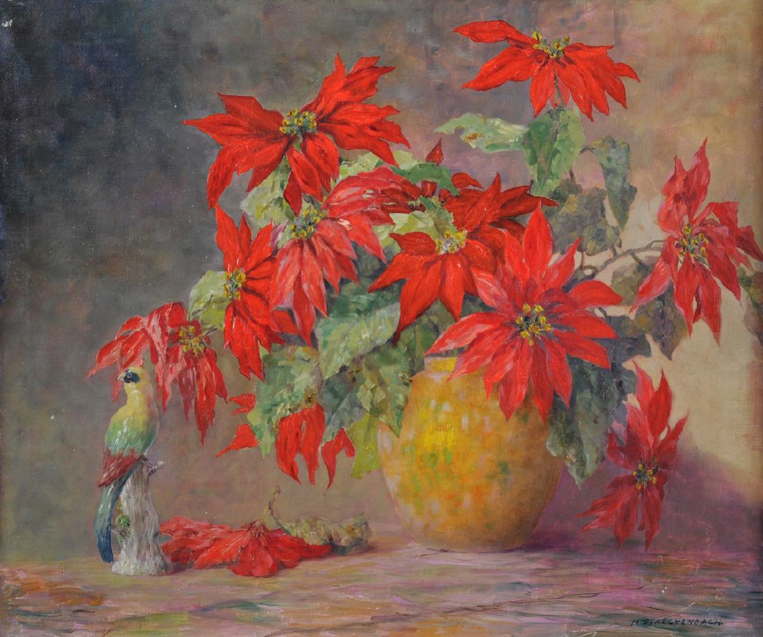 MAX THEODORE STRECKENBACH (German 1863-1936) A: MAX THEODORE STRECKENBACH (German 1863-1936) A PAINTING, "Poinsettias," oil on canvas, signed L/R. 25" x 30"