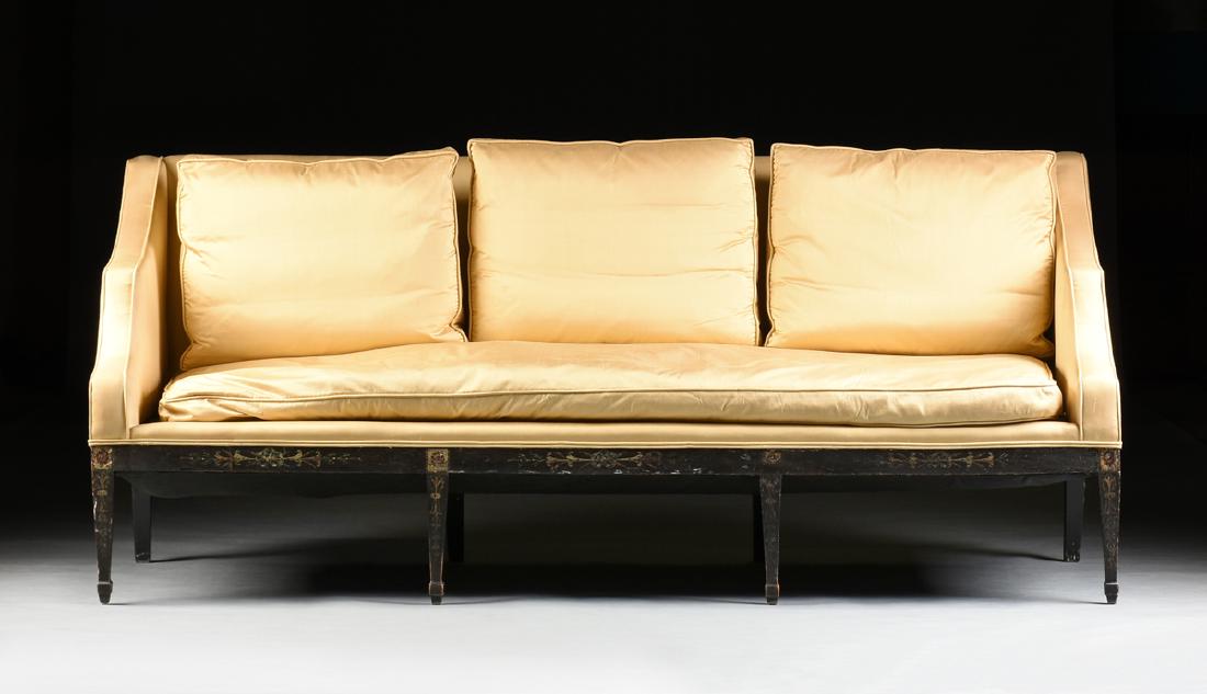A REGENCY STYLE BLACK JAPANNED THREE SEAT UPHOLSTERED (1 of 6)