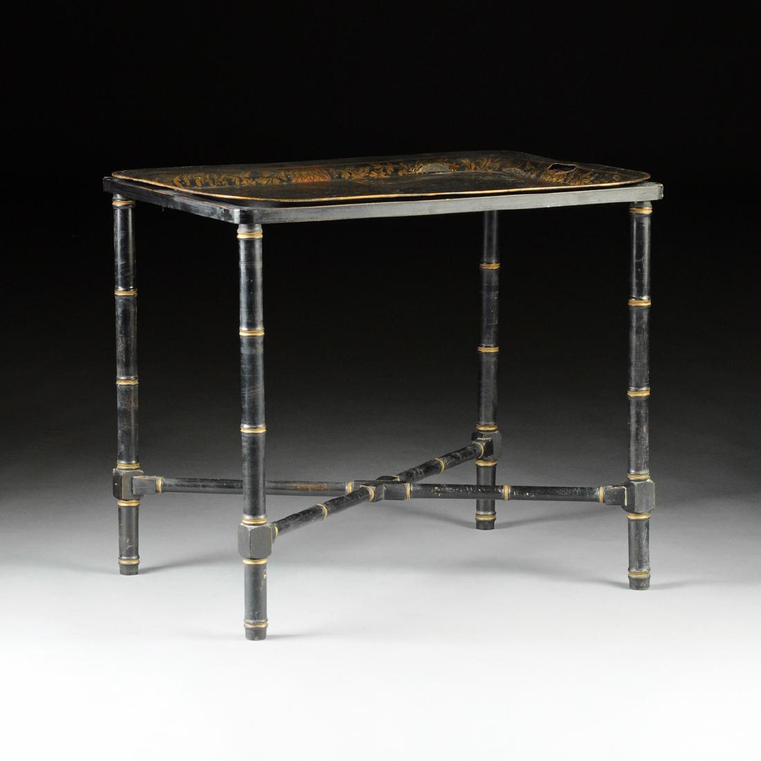 A NEAR PAIR OF LARGE VICTORIAN POLYCHROME TÔLE TRAYS ON (1 of 16)