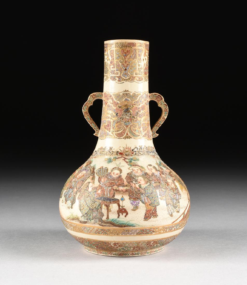 A JAPANESE LATE EDO/EARLY MEIJI PERIOD SATSUMA POTTERY: A JAPANESE LATE EDO/EARLY MEIJI PERIOD SATSUMA POTTERY VASE WITH POLYCHROME ENAMEL AND GILT DECORATION, CIRCA 1860-1900, of baluster form with shaped handles, decorated with richly clad children at pl