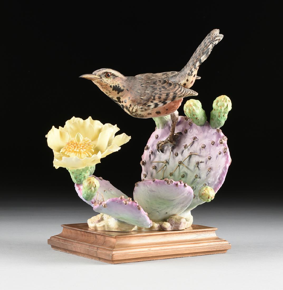 DOROTHY DOUGHTY (British 1892-1962) A POLYCHROME ENAMEL: DOROTHY DOUGHTY (British 1892-1962) A POLYCHROME ENAMEL DECORATED BISQUE BONE CHINA FIGURAL GROUP, "Cactus Wren and Prickly Pear," FOR ROYAL WORCESTER, CIRCA 1958, the realistically modeled and painte