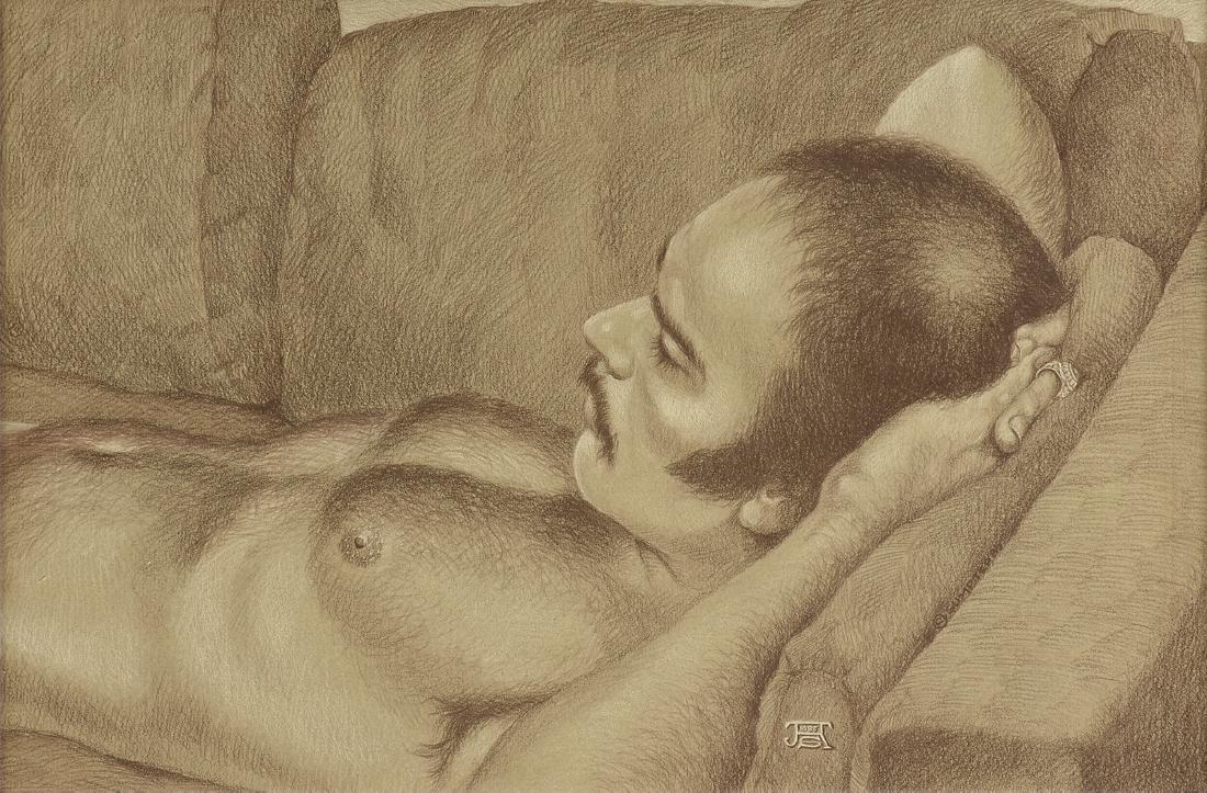 JESSE SUMPTER (American/Texas 1929-2013) A DRAWING,: JESSE SUMPTER (American/Texas 1929-2013) A DRAWING, "Half Length Portrait of a Nude Male with Mustache," 1985, wax pencil on watermarked paper, signed and dated in monogram, verso a paper label, "My W