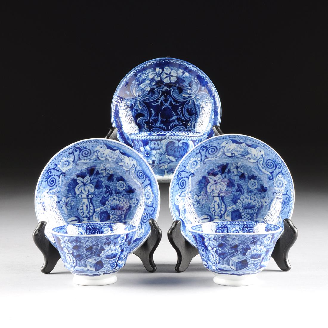 A GROUP OF THREE RALPH & JAMES CLEWS BLUE AND WHITE: A GROUP OF THREE RALPH & JAMES CLEWS BLUE AND WHITE TRANSFER PRINT POTTERY TEA BOWLS AND SAUCERS, CORBRIDGE, STOKE-ON-TRENT, ENGLAND, CIRCA 1818-1834, two in the "Basket and Vase" pattern, the saucers