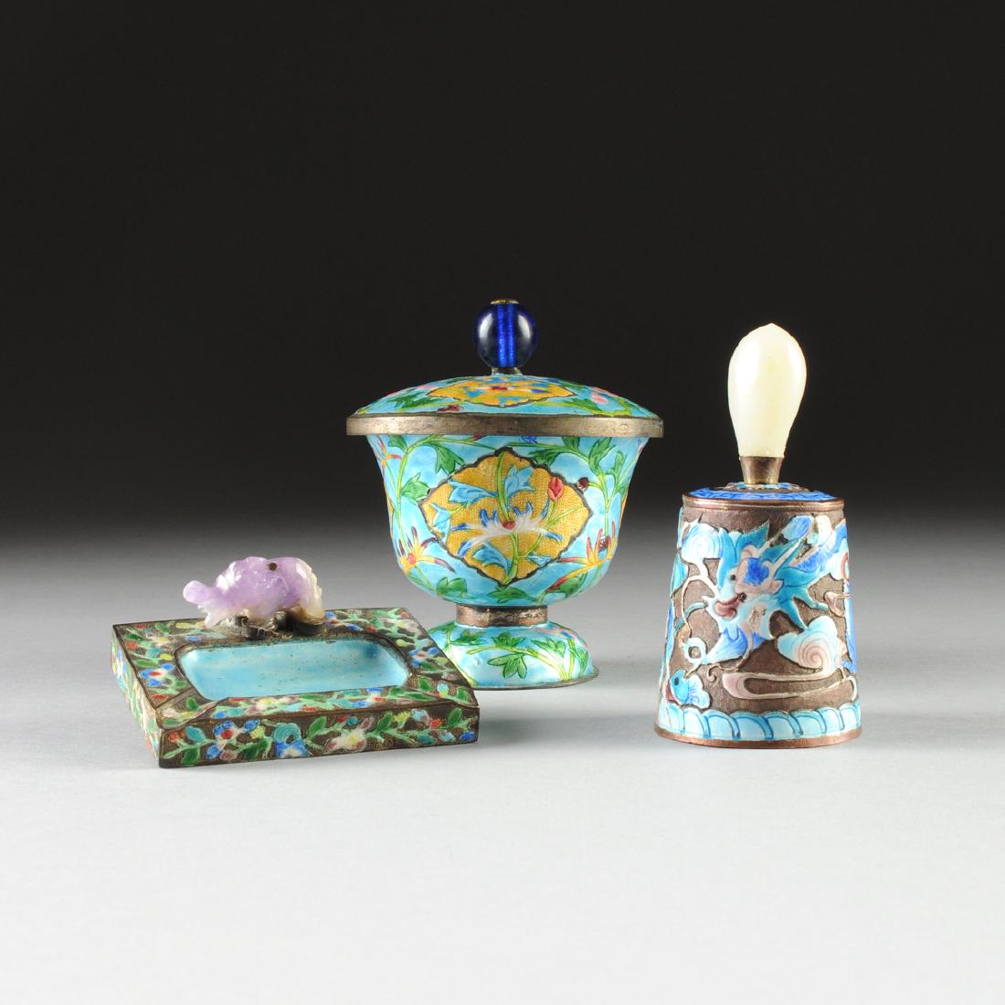 A GROUP OF THREE VINTAGE CHINESE POLYCHROME CHAMPLEVÉ (1 of 9)