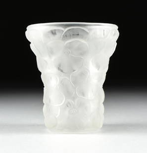 A CONTINENTAL FROSTED GLASS PEONY VASE, PROBABLY CZECH,: A CONTINENTAL FROSTED GLASS PEONY VASE, PROBABLY CZECH, 20TH CENTURY, in the Lalique "Peony" pattern style, bearing molded "R.LALIQUE" signature. Height: 5 3/4" Diameter: 5 1/8"