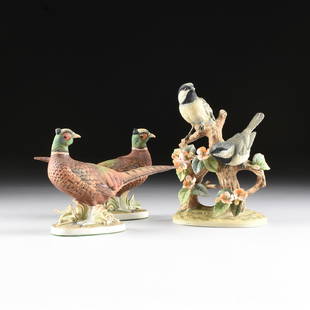 A GROUP OF THREE JAPANESE POLYCHROME PAINTED PORCELAIN: A GROUP OF THREE JAPANESE POLYCHROME PAINTED PORCELAIN BIRD FIGURES, LEFTON AND ANDREA BY SADEK, 20TH CENTURY, comprising a pair of ring neck pheasants with each standing above blossoming foliage on