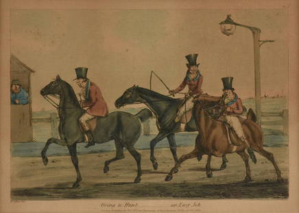 HENRY THOMAS ALKEN (English 1785-1851) A COLORED: HENRY THOMAS ALKEN (English 1785-1851) A COLORED LITHOGRAPH, "Going to Hunt...an Easy Job," on paper. Printed by Thomas McLean, Repository of Whit and Humour, published 1823. 13 1/4" x 16 1/4"