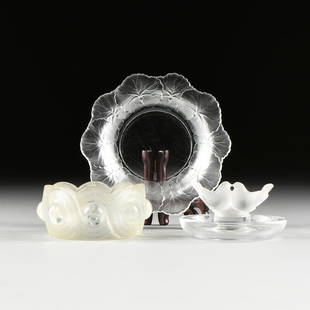 A GROUP OF THREE LALIQUE GLASSWARES, ENGRAVED AND WORN: A GROUP OF THREE LALIQUE GLASSWARES, ENGRAVED AND WORN MARKS, 20TH CENTURY, the Lalique Honfleur dish, underside engraved marks, modern, diameter: 6.50"; together with a small opalescent glass bowl,