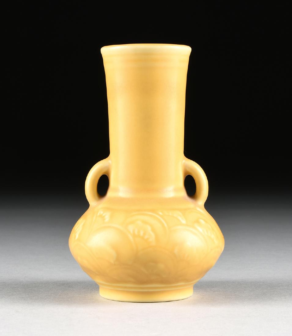 A ROOKWOOD YELLOW GLAZED POTTERY TWO HANDLED VASE, (1 of 8)