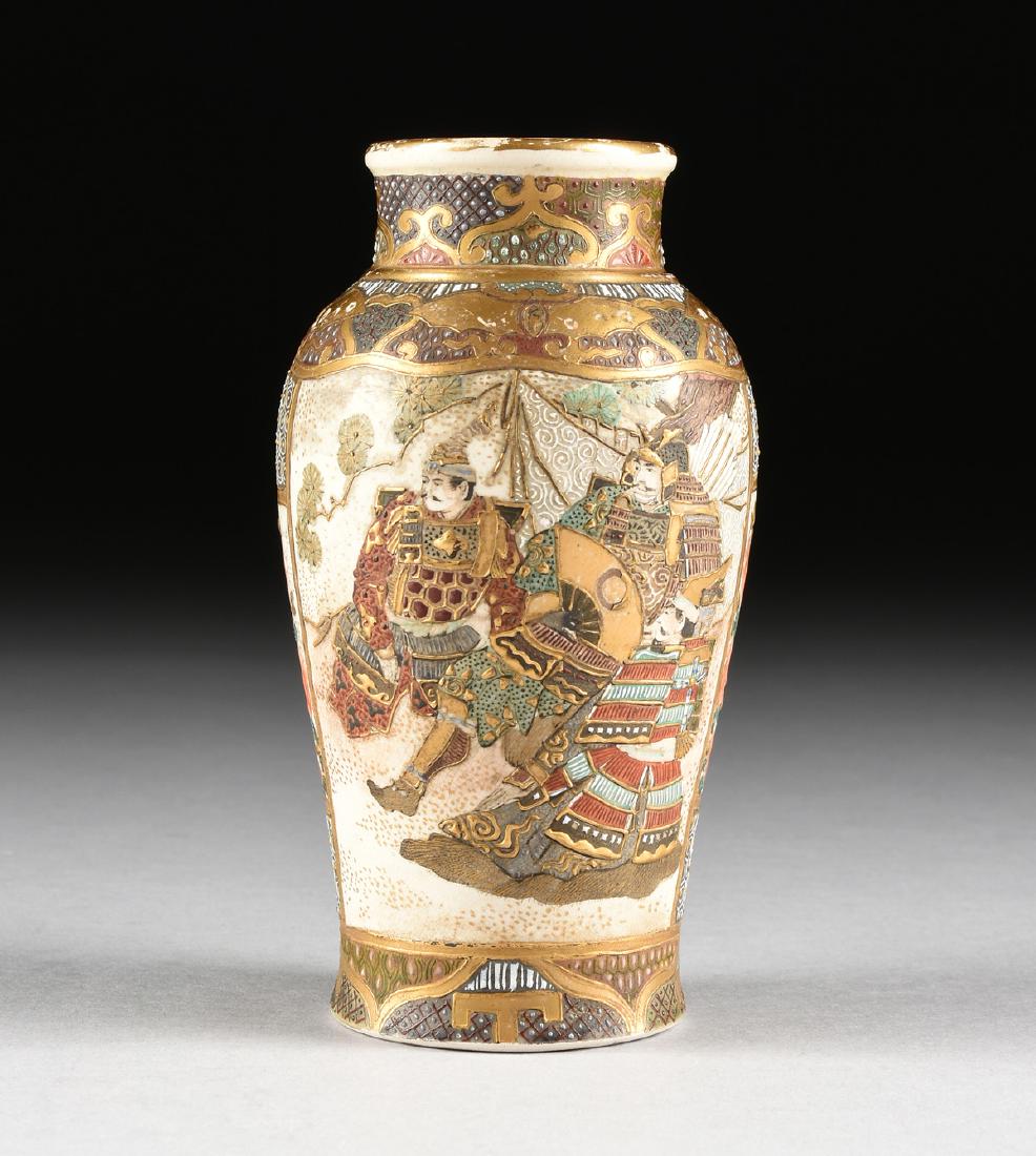 A JAPANESE SATSUMA POLYCHROME ENAMEL DECORATED: A JAPANESE SATSUMA POLYCHROME ENAMEL DECORATED EARTHENWARE VASE, 20TH CENTURY, of baluster form with reserved panels decorated with shogun and samurai scene and children at play between foliate decora