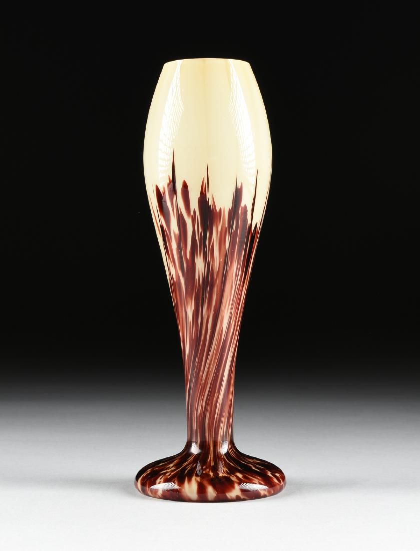 AN ANTON RUCKL ART DECO CASED SATIN ART GLASS VASE,: AN ANTON RUCKL ART DECO CASED SATIN ART GLASS VASE, NIZBOR, CZECHOSLOVAKIA (CZECH REPUBLIC), CIRCA 1930, of vertically ribbed baluster form in cream and brown glass cased to clear, acid etched country