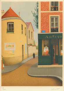 RENE RIMBERT (French 1896-1991), A PRINT, "French: RENE RIMBERT (French 1896-1991), A PRINT, "French Street Scene," color lithographic print, signed in pencil L/R, numbered 28/200 L/L, framed. 27 3/4" x 21 3/4"