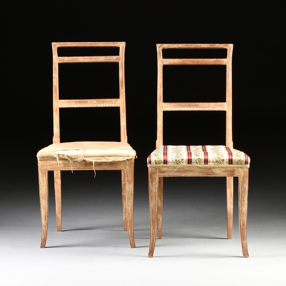 A PAIR OF FRENCH EMPIRE STYLE MAHOGANY SIDE CHAIRS, (1 of 8)