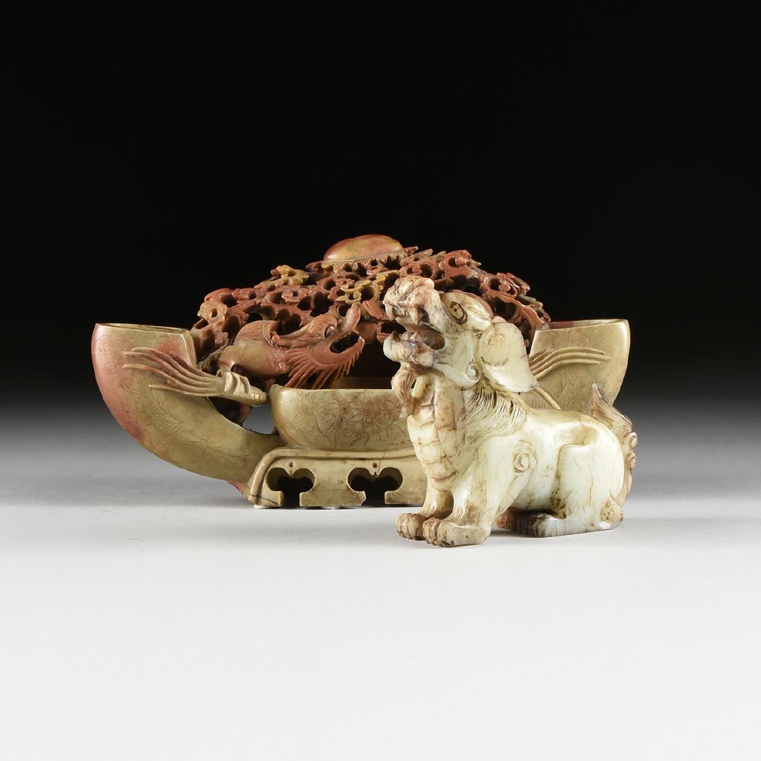 TWO CHINESE JADE AND SOAPSTONE SCHOLAR STYLE CARVINGS, (1 of 12)