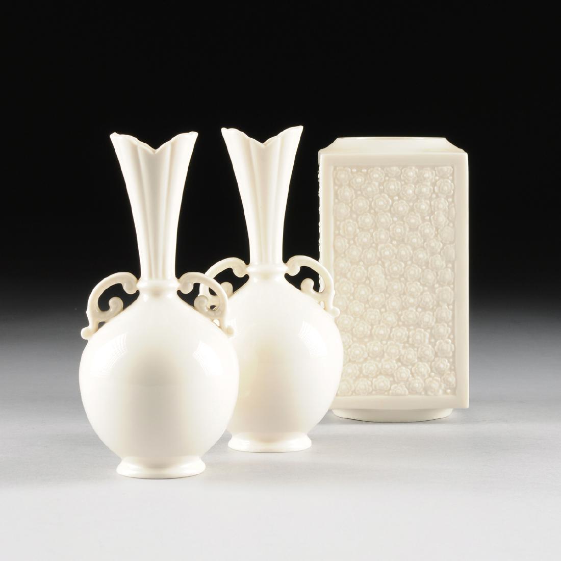 A PAIR OF LENOX CREAMWARE PORCELAIN VASES AND A LENOX (1 of 7)