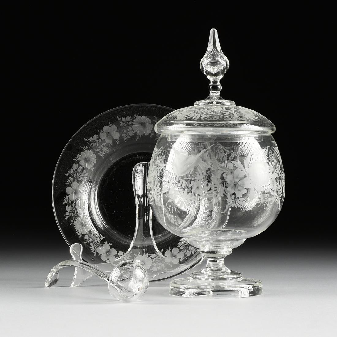 A COVERED CLEAR GLASS PUNCHBOWL WITH UNDER PLATE AND (1 of 13)