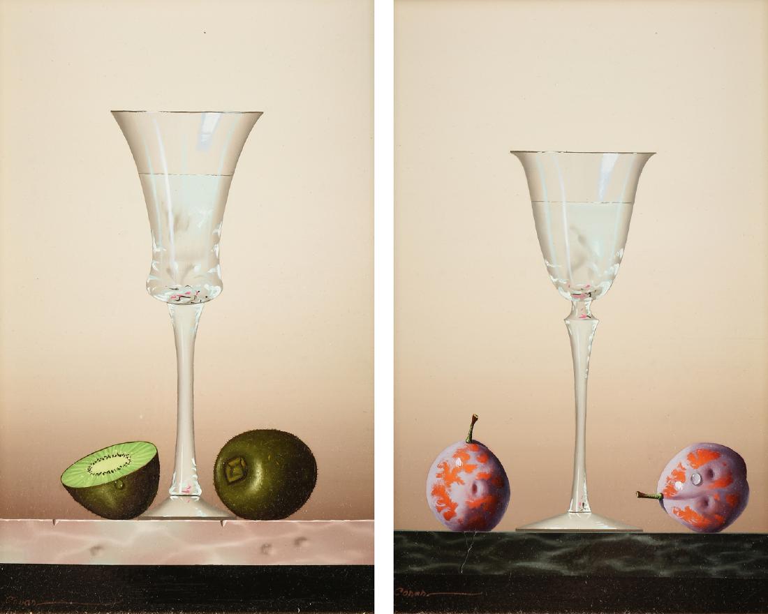 MARISA CASAS (Spanish b. 1942) A PAIR OF PAINTINGS,: MARISA CASAS (Spanish b. 1942) A PAIR OF PAINTINGS, "Natura Morta con Kiwi," and "Natura Morta con Higo(Fig)," 20TH/21ST CENTURY, oil on board, signed L/L. 11 1/4" x 7 1/2"