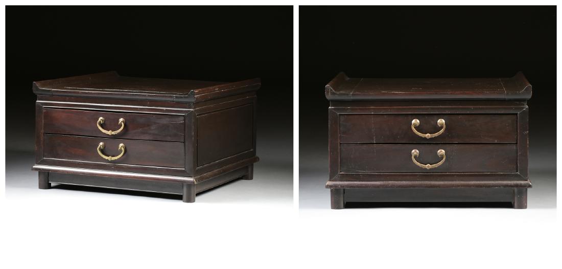A PAIR OF MING STYLE CARVED ROSEWOOD SHORT END TABLES, (1 of 7)