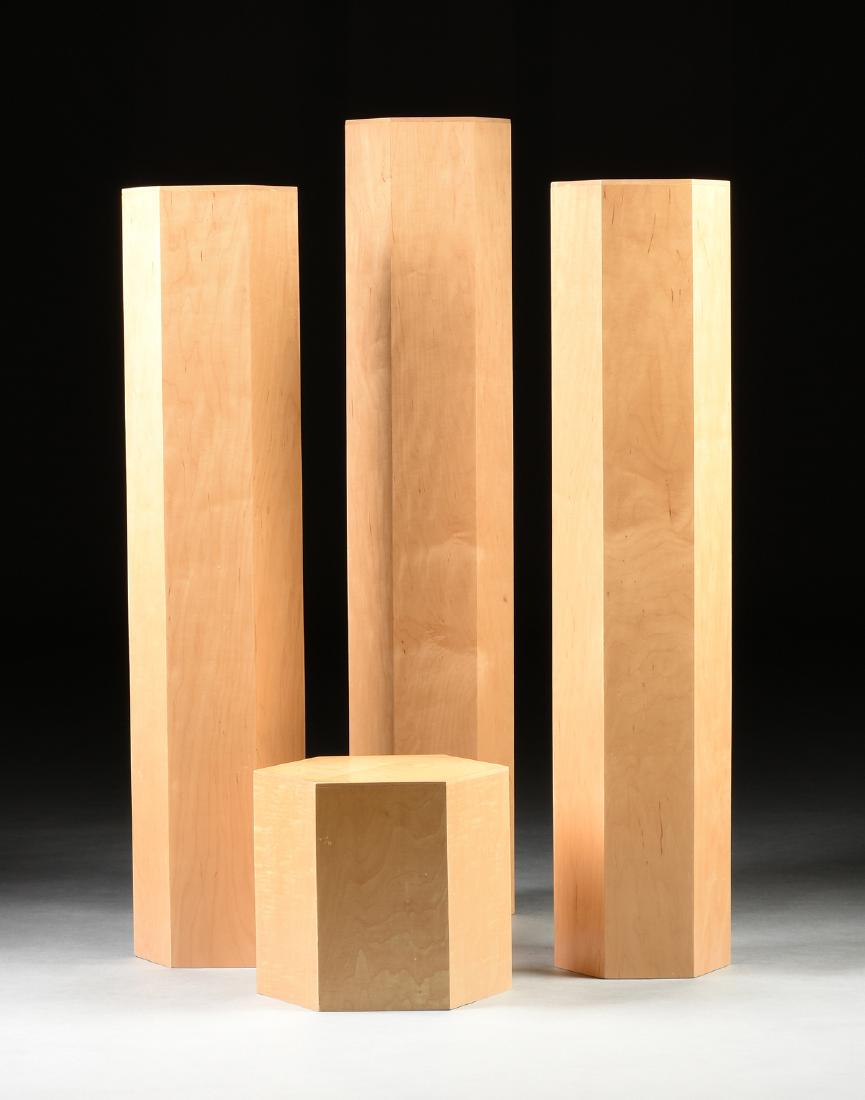 A GROUP OF FOUR MAPLE HEXAGONAL PEDESTALS, MODERN, (1 of 4)