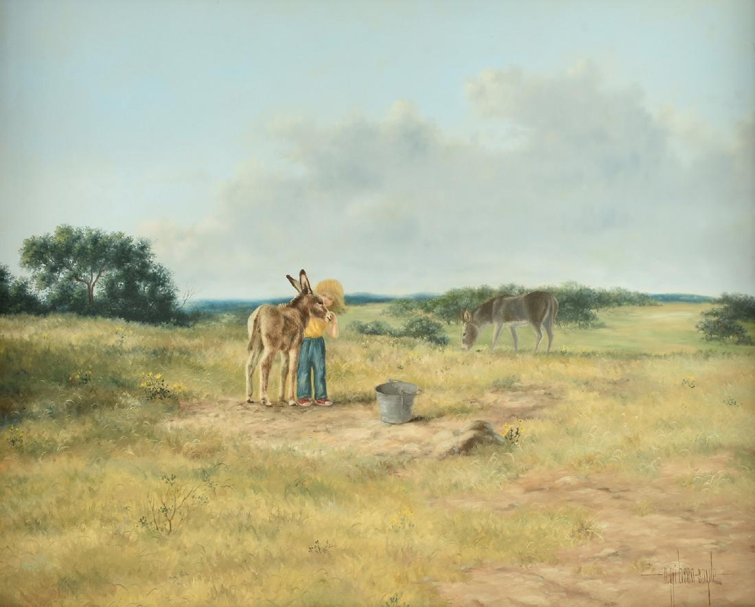 CAROL GIBSON SAYLE (American/Texas b.1944) A PAINTING,: CAROL GIBSON SAYLE (American/Texas b.1944) A PAINTING, "The Secret," oil on canvas, signed L/R, verso signed, titled, and #647. 16 1/2" x 19 3/4"