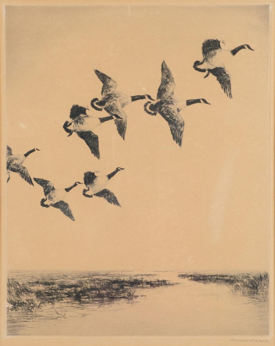 ROLAND CLARK (American 1874-1957) AN ETCHING, "Lowering (1 of 2)