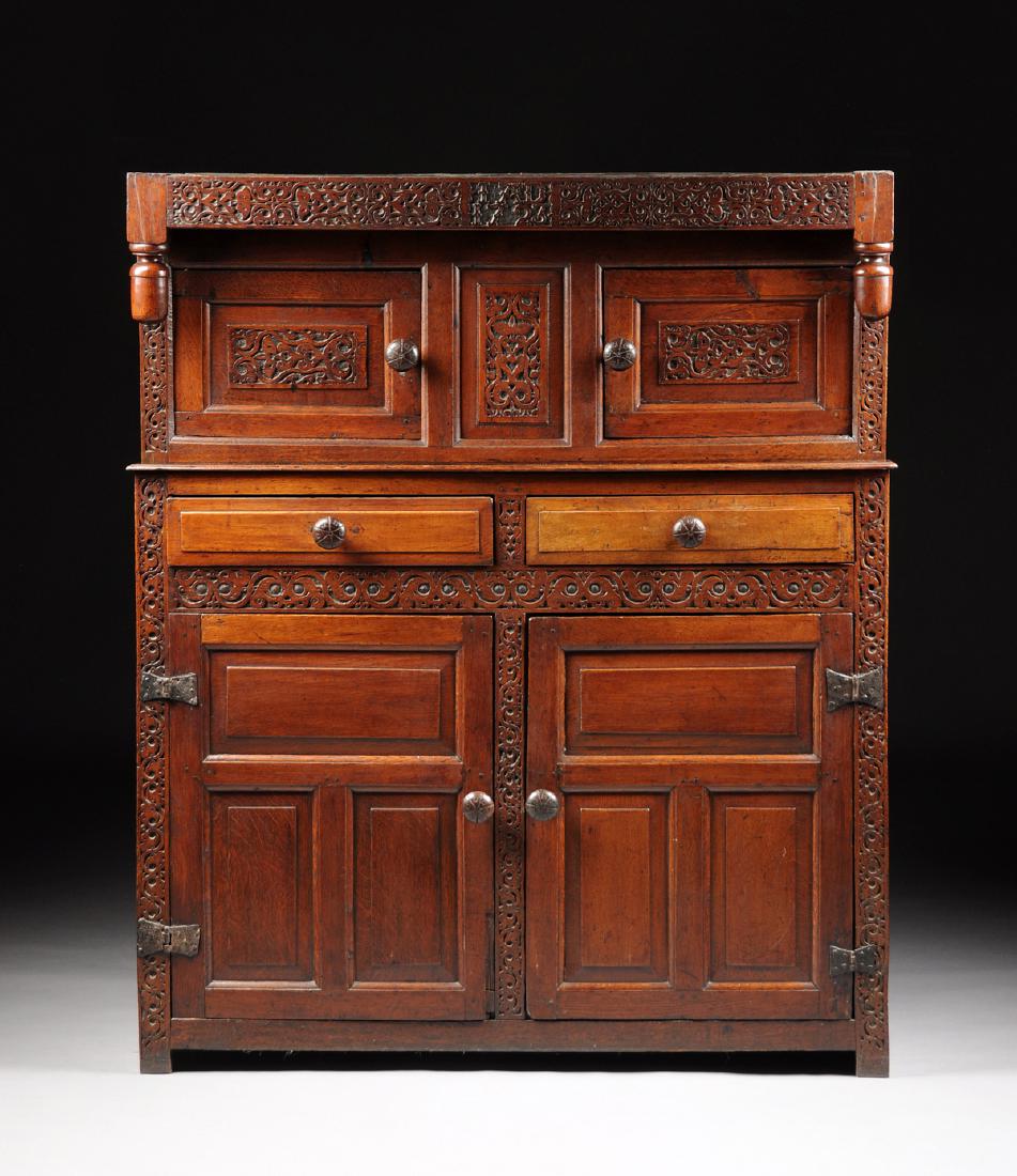 AN 18TH CENTURY CARVED OAK COURT CUPBOARD, ENGLAND, (1 of 7)