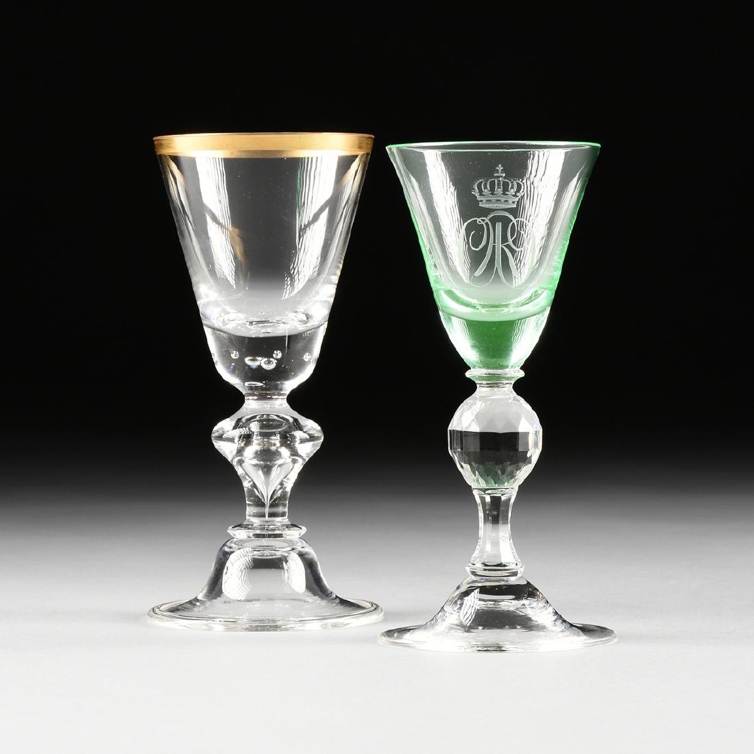 attributed to GRAFLICH SCHAFFGOTSCH'SCHE: attributed to GRAFLICH SCHAFFGOTSCH'SCHE JOSEPHINENHUTTE, A GROUP OF TWO WINE GLASSES, SCHREIBERHAU, SILESIA, CIRCA 1880-1890, comprising a Royal Coronation wine glass for Queen Wilhelmina of the Neth