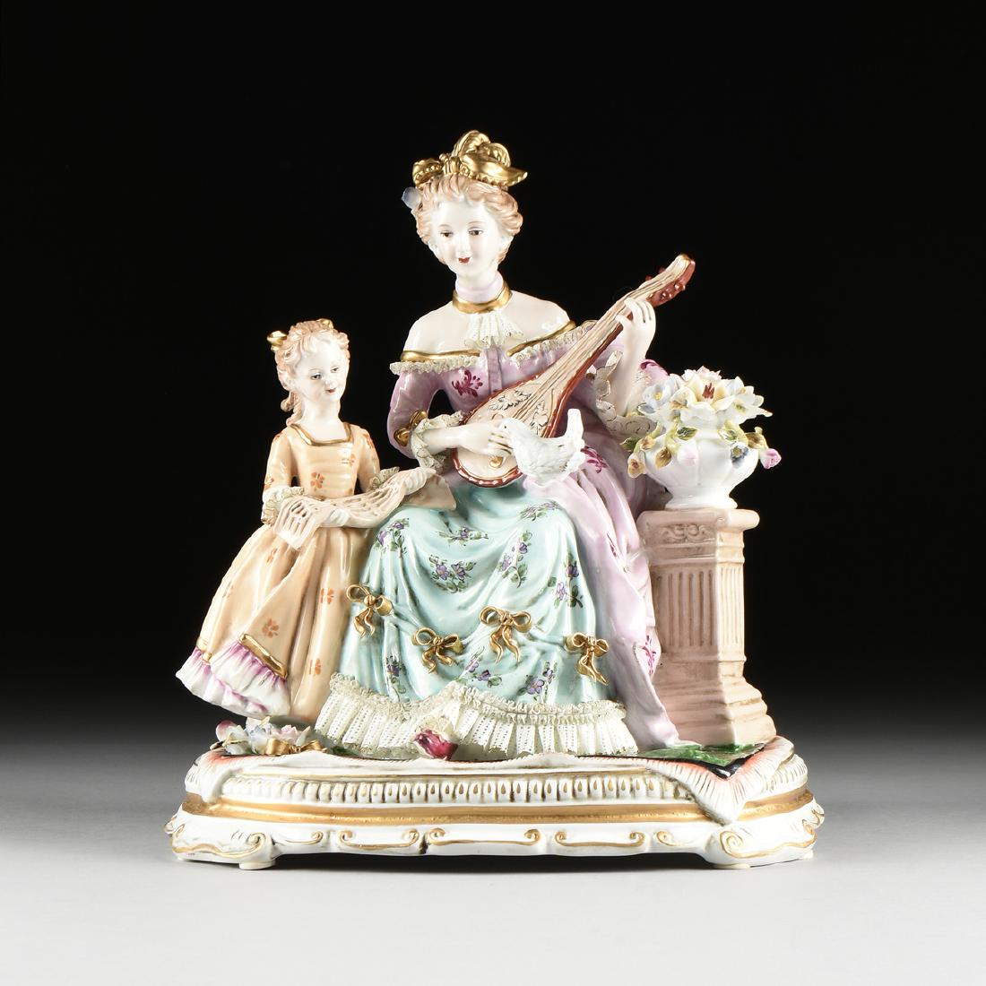 A DRESDEN PARCEL GILT ENAMELED PORCELAIN FIGURAL GROUP, (1 of 13)