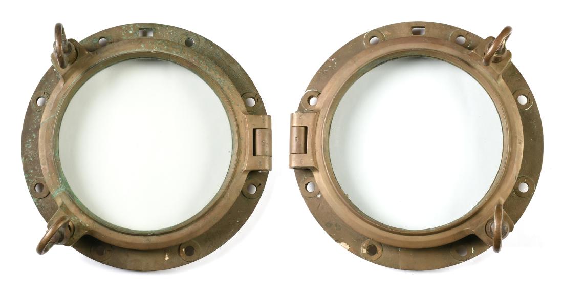 A PAIR OF VINTAGE NAUTICAL SHIP BRASS PORTHOLES, 20TH (1 of 8)