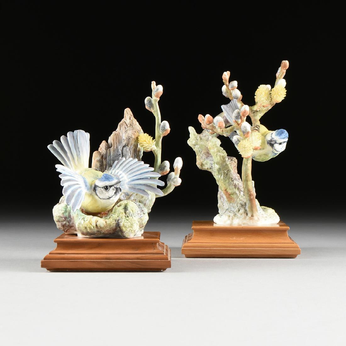 DOROTHY DOUGHTY (British 1892-1962) A PAIR OF: DOROTHY DOUGHTY (British 1892-1962) A PAIR OF POLYCHROME ENAMEL DECORATED BISQUE BONE PORCELAIN FIGURES "BLUE TIT AND PUSSY WILLOW (PARUS CAERULEUS)," FOR ROYAL WORCESTER, 1964, the naturally painted 
