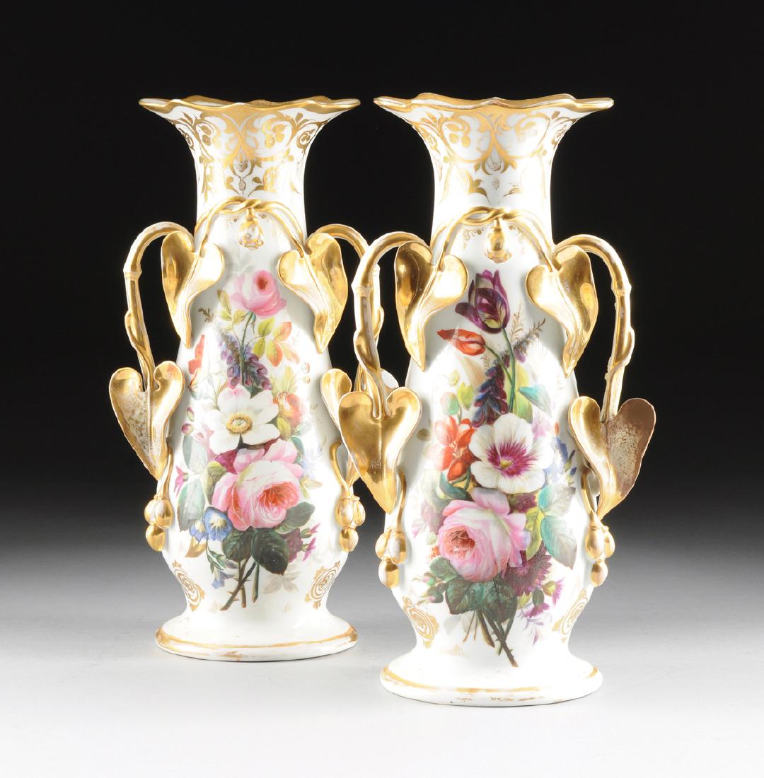 A PAIR OF OLD PARIS PORCELAIN HAND PAINTED VASES, (1 of 8)