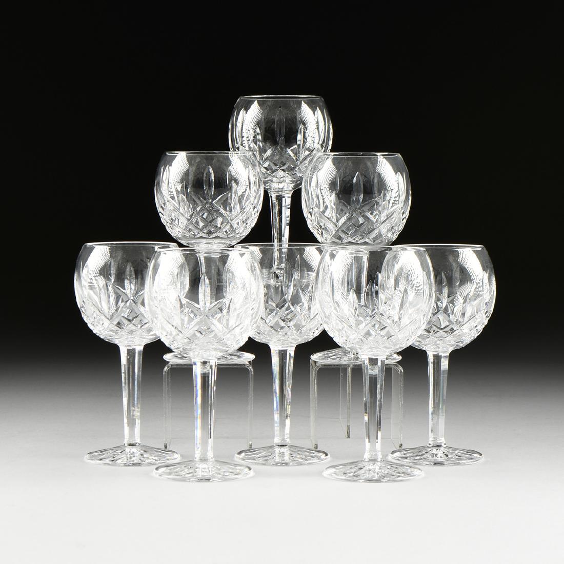 A SET OF EIGHT WATERFORD CUT CRYSTAL BALLOON WINE: A SET OF EIGHT WATERFORD CUT CRYSTAL BALLOON WINE GLASSES, LISMORE PATTERN, MARKED, MODERN, each height: 7.25".