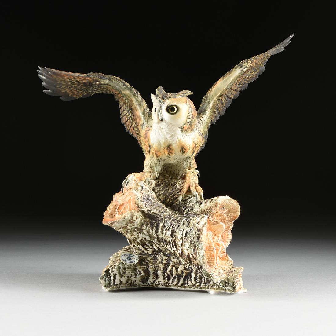 TOMMASO ARENA (Italian 20th Century) A PORCELAIN: TOMMASO ARENA (Italian 20th Century) A PORCELAIN FIGURE, "Great Horned Owl," FOR PORCELLANE ARTISTICHE DI CAPODIMONTE, NAPLES, ITALY, LATE 20TH CENTURY, the realistically modeled and polychrome enamel
