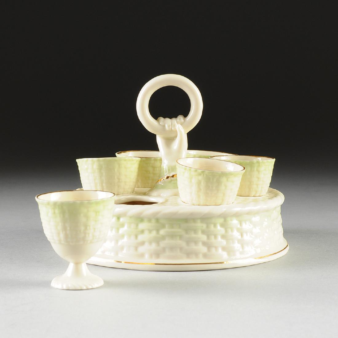 A BELLEEK PORCELAIN FITTED EGG CUP HOLDER, IRELAND, (1 of 8)