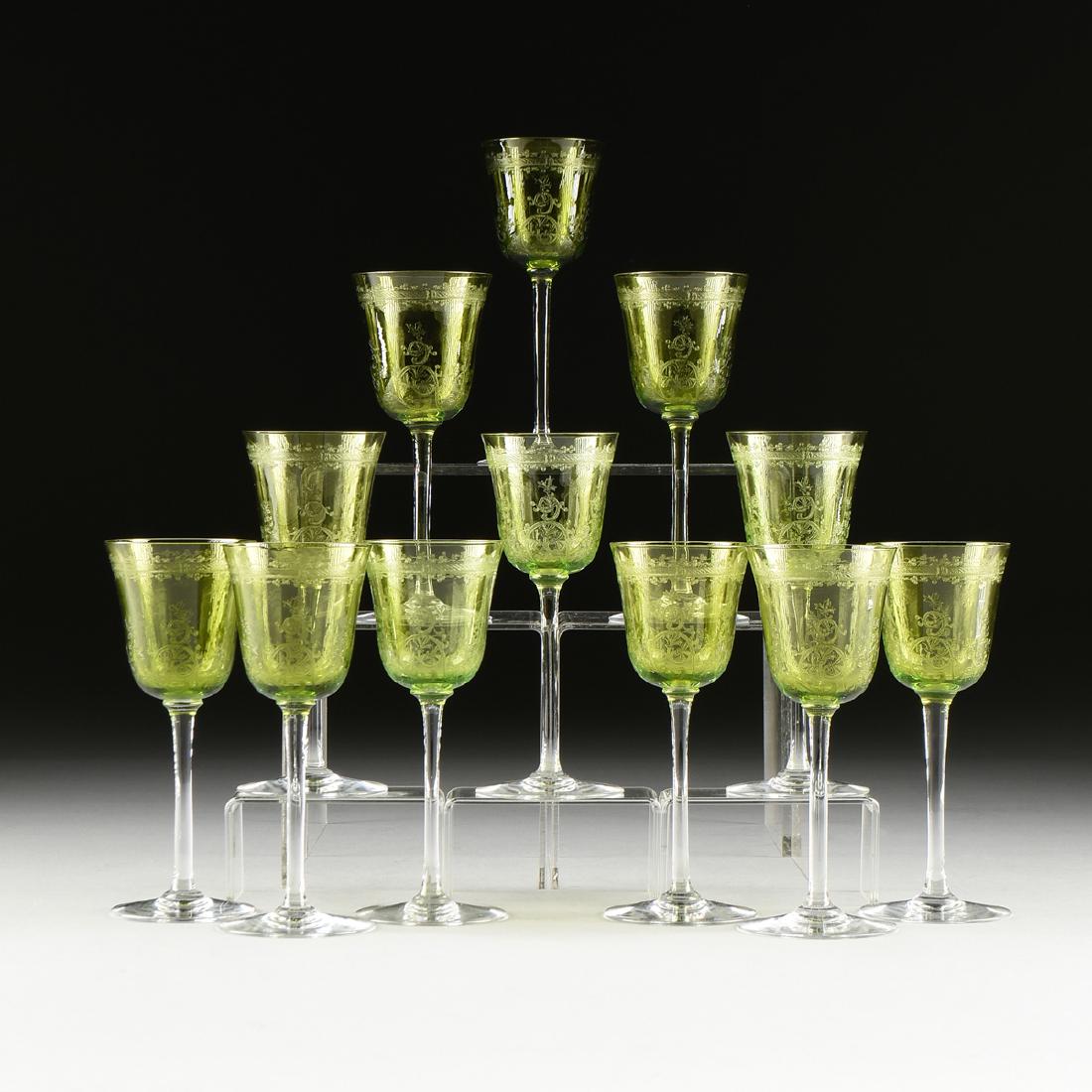 A TWELVE PIECE ENGRAVED GREEN AND CLEAR GLASS STEMWARE (1 of 5)
