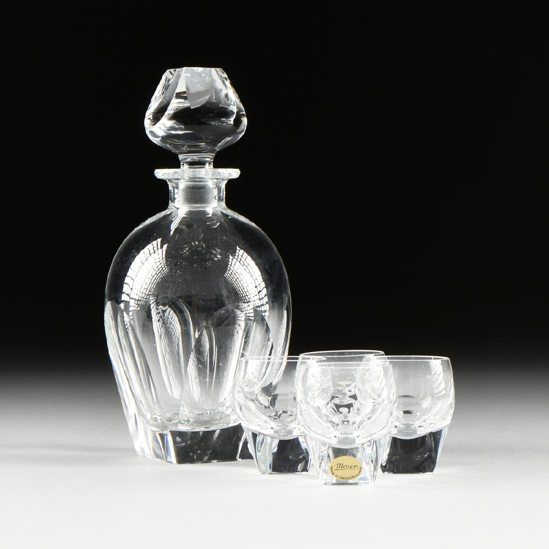 A FIVE PIECE MOSER CUT GLASS LIQUEUR SET, MARKED, (1 of 6)