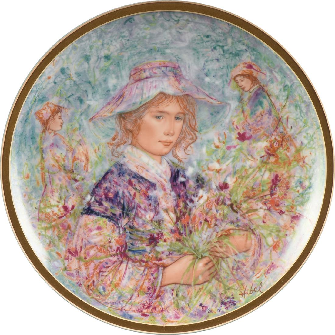 EDNA HIBEL (American 1917-2014) A LIMITED EDITION: EDNA HIBEL (American 1917-2014) A LIMITED EDITION SCREEN PRINTED PORCELAIN PLATE "FLOWER GIRL OF PROVENCE," FOR HUTSCHENREUTHER, SELB, GERMANY, 1977, the plate with three views of the same model sitti