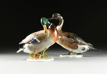 A GROUP OF TWO BIDASOA POLYCHROME ENAMEL DECORATED: A GROUP OF TWO BIDASOA POLYCHROME ENAMEL DECORATED PORCELAIN FIGURES OF MALLARDS, IRUN, SPAIN, CIRCA 1960-1970, the realistically modeled and painted figures of a male and female mallard on shaped