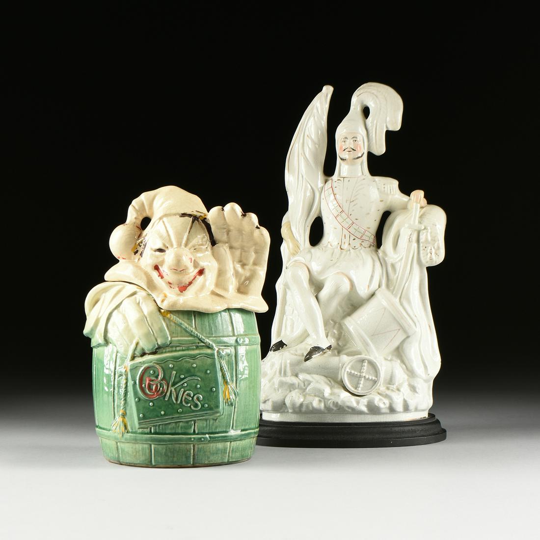 A STAFFORDSHIRE FLATBACK SCOTTISH FIGURE AND A MCCOY (1 of 16)