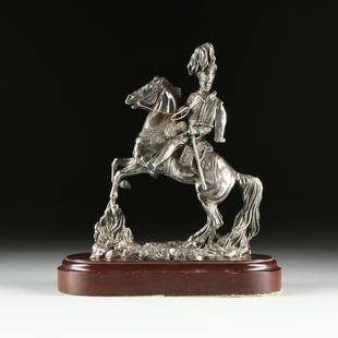 DAVID GEENTY (English b. 1945) A STERLING SILVER: DAVID GEENTY (English b. 1945) A STERLING SILVER COVERED EQUESTRIAN SCULPTURE, "LIGHT BRIGADE HUSSAR," verso incised signature and impressed shield with "H," opposite hallmarks for Camelot Silverware