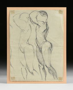 A GESTURAL SKETCH OF TWO NUDES, MID 20TH CENTURY,: A GESTURAL SKETCH OF TWO NUDES, MID 20TH CENTURY, charcoal on grey, textured, Strathmore charcoal paper, inscribed in pencil in lower foreground, double sided drawing with a male figure and a female